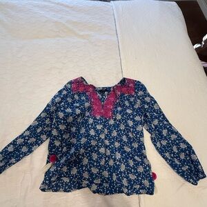 J. Crew Blue Floral Blouse with Pink Accents